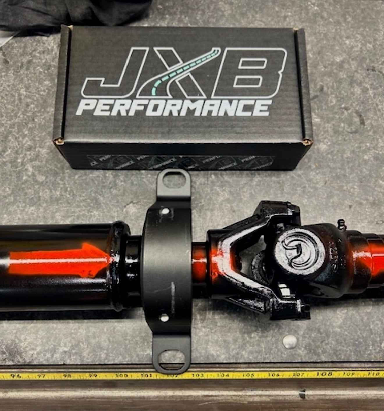 2015+ Dodge Challenger Manual HD 2 Piece DOM Steel Driveshaft with JXB Carrier and Direct Mount Flange Yokes.  R/T Scat Pack, R/T Scat Pack Widebody, SRT Hellcat, SRT Hellcat Redeye, SRT Hellcat Redeye Widebody, SRT Hellcat Widebody, SRT Super Stock