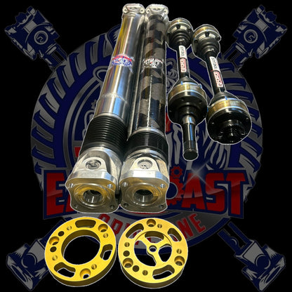 Toyota Supra MKV/MK5 A90 & A91 Driveshaft and CV Axle Kit. 3.5” HD Aluminum or 3” Carbon Fiber Driveshaft with Billet Flange Yokes, Adapter Plates, & Gforce Chromoly CV Axles